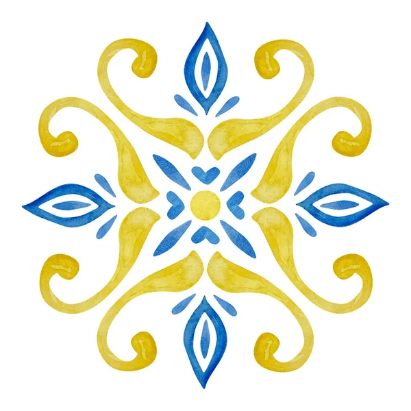 Watercolor Traditional Blue Mediterranean Tiles Design Print — Stock Photo, Image