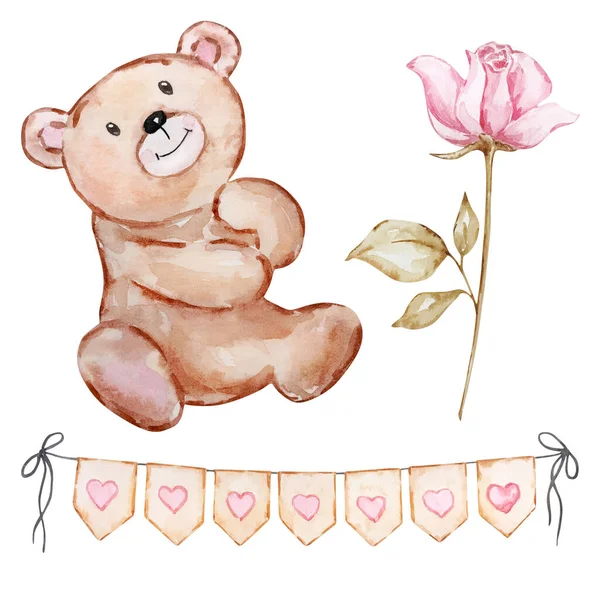 Watercolor Cute Teddy Bears Valentine Day Holiday Design — Stockfoto