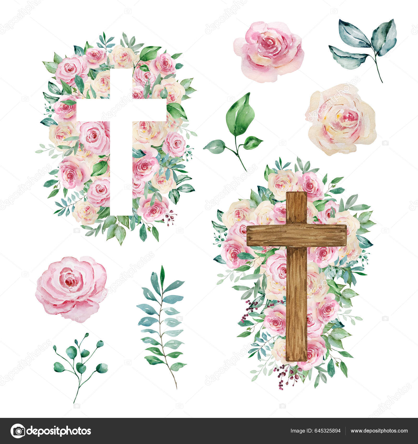 Acuarela Cruces Decoradas Con Rosas Símbolo Religioso Pascua Para Diseño  Ilustración de archivo de ©SvetlanaArtStore #645325894, image size:1600x1700