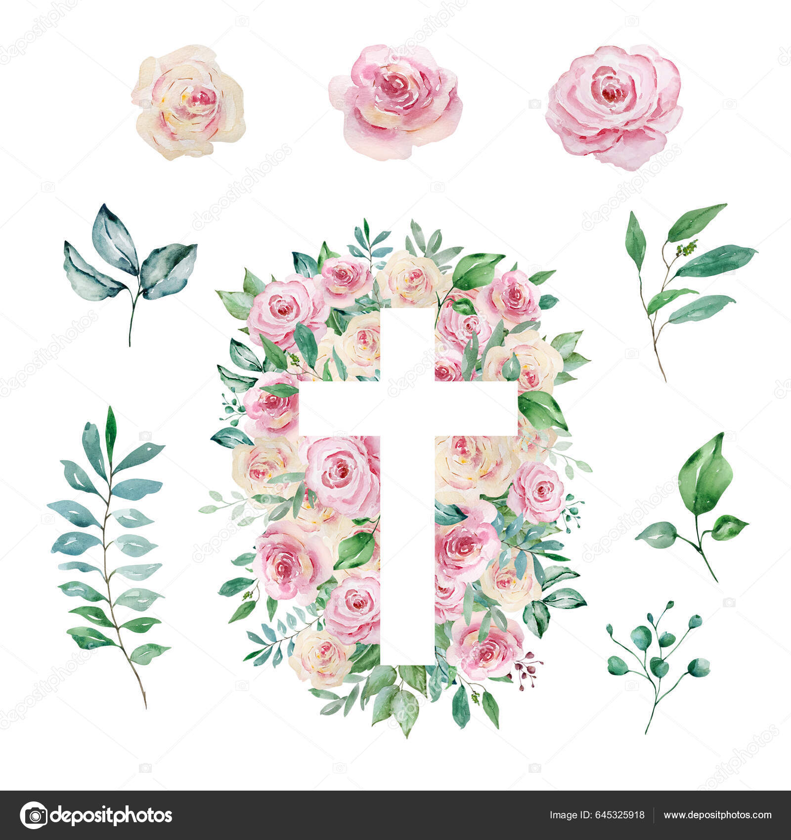 Acuarela Cruces Decoradas Con Rosas Símbolo Religioso Pascua Para Diseño  Ilustración de stock #645325918 de ©SvetlanaArtStore, image size:1600x1700