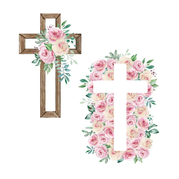 Akwarelowe Krzyże Ozdobione Różami Wielkanocny Symbol Religijny Projektowania Świąt Kościelnych — Zdjęcie stockowe