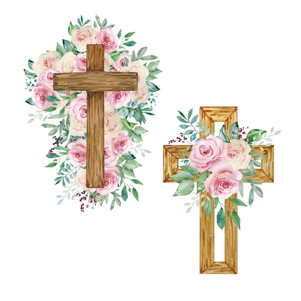Cruzes Aquarela Decoradas Com Rosas Símbolo Religioso Páscoa Para Design — Fotografia de Stock