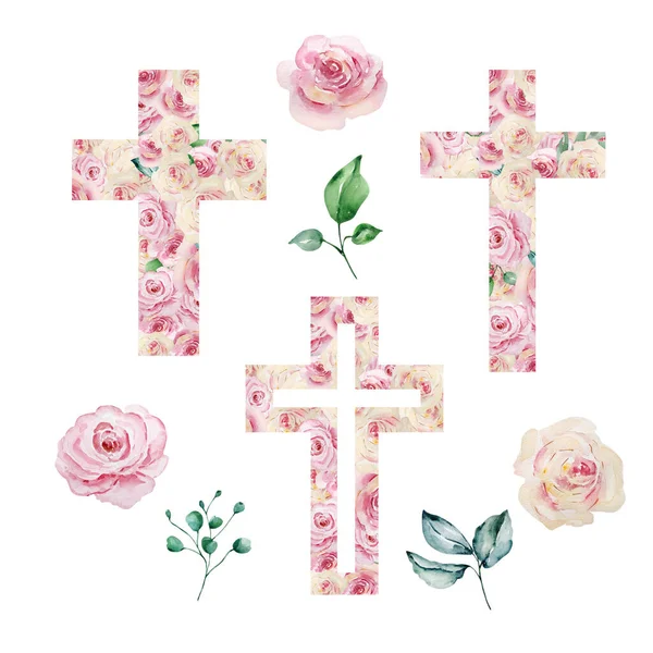 Aquarellkreuze Mit Rosen Geschmückt Ostern Religiöses Symbol Für Die Gestaltung — Stockfoto