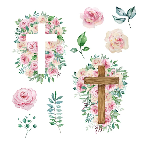 バラで飾られた水彩クロス 教会の休日のデザインのためのイースターの宗教的なシンボル — ストック写真