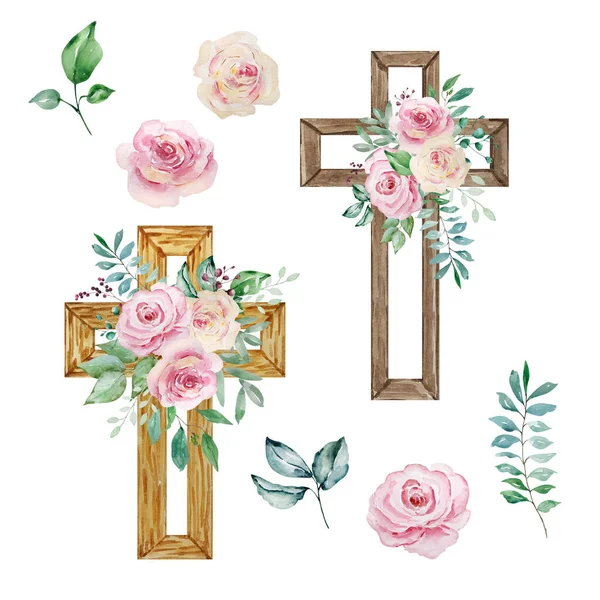 Akvarelové Kříže Zdobené Růžemi Velikonoční Náboženský Symbol Pro Design Církevních — Stock fotografie