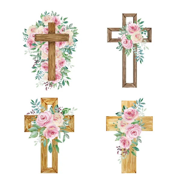 Акварельні Хрести Прикрашені Трояндами Великодній Релігійний Символ Дизайну Церковних Свят — стокове фото