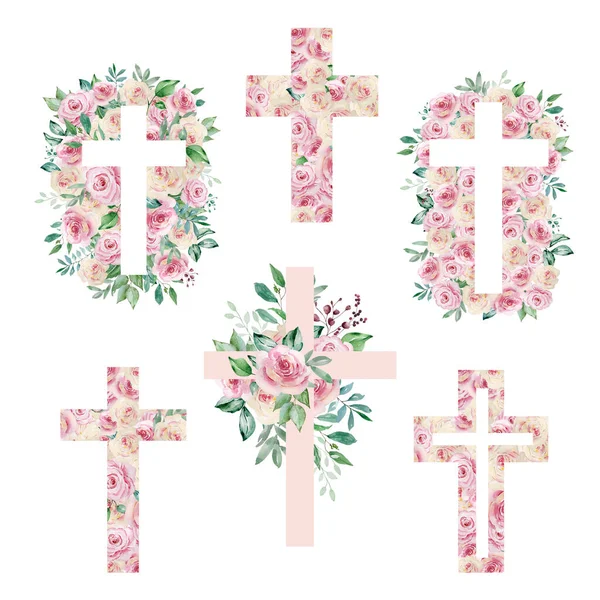 Acuarela Cruces Decoradas Con Rosas Símbolo Religioso Pascua Para Diseño —  Fotos de Stock