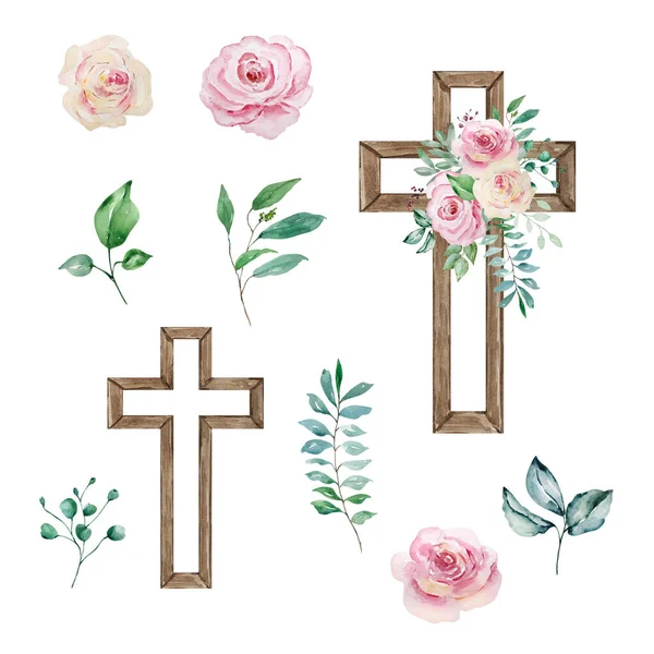 Akwarelowe Krzyże Ozdobione Różami Wielkanocny Symbol Religijny Projektowania Świąt Kościelnych — Zdjęcie stockowe