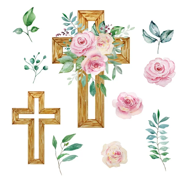 Güllerle Süslenmiş Suluboya Haçlar Kilise Tatilleri Için Paskalya Dini Sembolleri — Stok fotoğraf