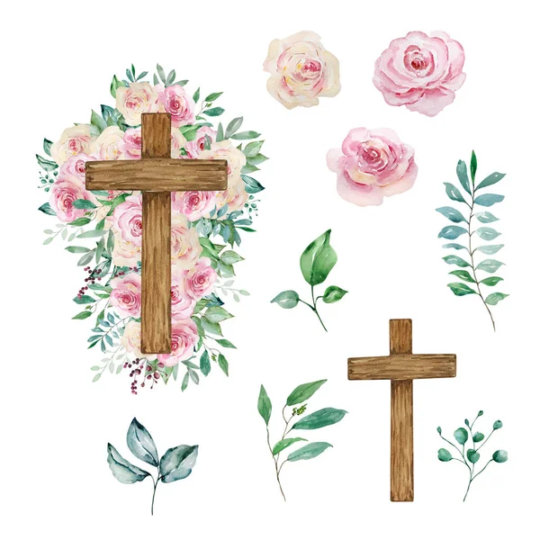 Akvarelové Kříže Zdobené Růžemi Velikonoční Náboženský Symbol Pro Design Církevních — Stock fotografie