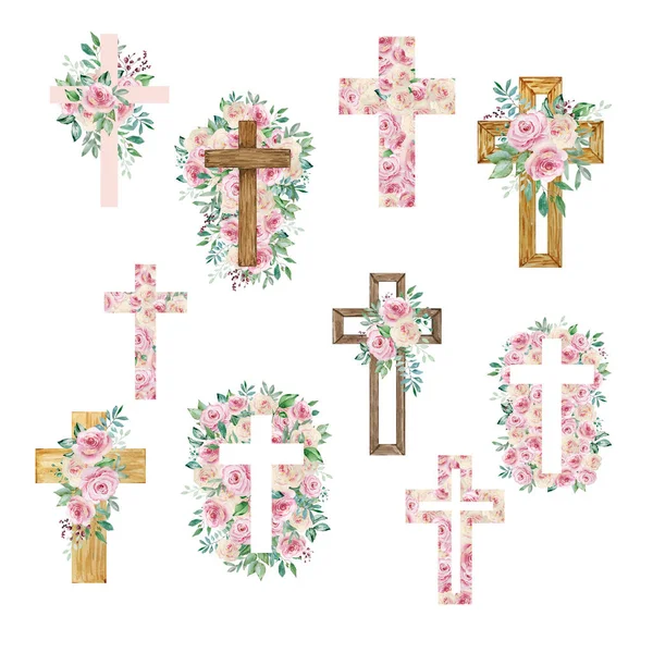 Σταυροί Ακουαρέλας Διακοσμημένοι Τριαντάφυλλα Θρησκευτικό Σύμβολο Του Πάσχα Για Σχεδιασμό — Φωτογραφία Αρχείου