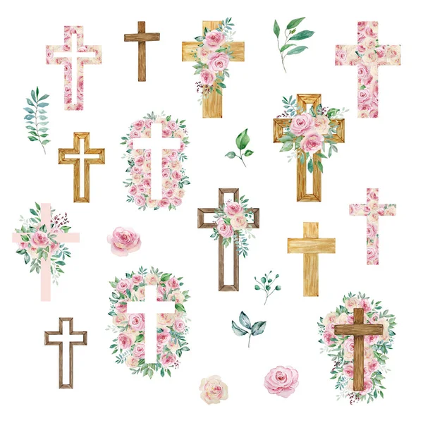 Σταυροί Ακουαρέλας Διακοσμημένοι Τριαντάφυλλα Θρησκευτικό Σύμβολο Του Πάσχα Για Σχεδιασμό — Φωτογραφία Αρχείου