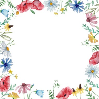 Davetiye ve kart tasarımı için suluboya kır çiçekleri çerçevesi