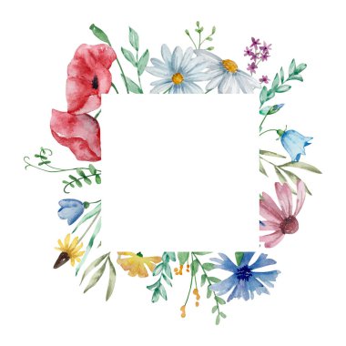 Davetiye ve kart tasarımı için suluboya kır çiçekleri çerçevesi