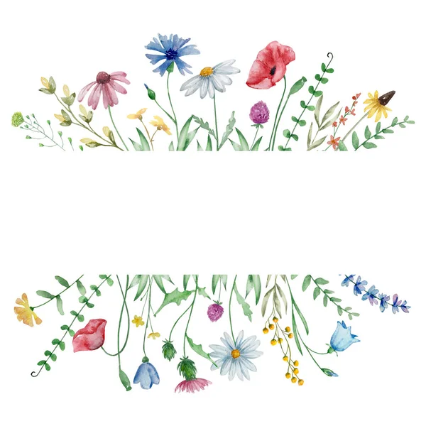 Keret Akvarell Vadvirágok Tervezése Meghívók Kártyák — Stock Fotó