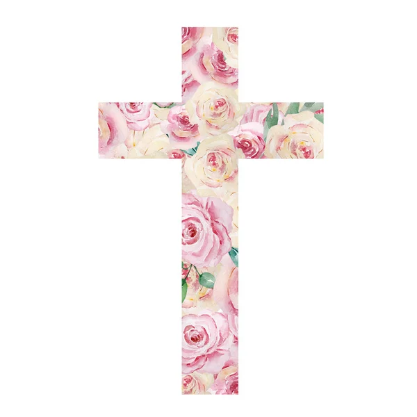 Aquarell Kreuz Mit Rosen Dekoriert Ostern Religiöses Symbol Für Die — Stockfoto
