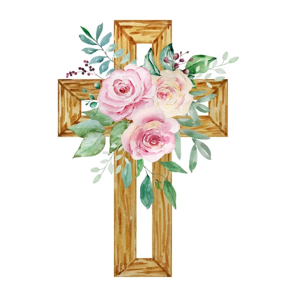 Акварельний Хрест Прикрашений Трояндами Великодній Релігійний Символ Дизайну Церковних Свят — стокове фото