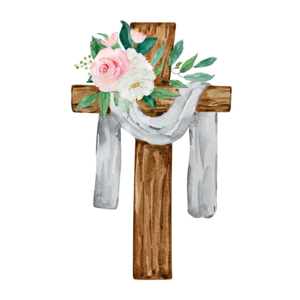 Watercolor Cross Decorated Flowers Easter Religious Symbol Design Church Holidays — Fotografia de Stock