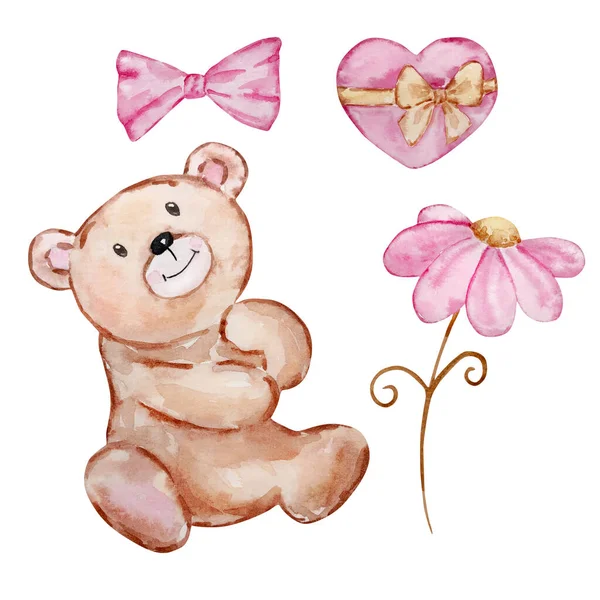 Watercolor Cute Teddy Bears Valentine Day Holiday Design — Stockfoto