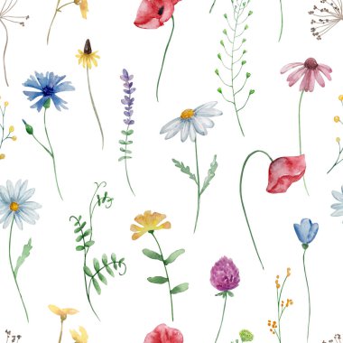 Parmak izi ve arkaplan için suluboya kır çiçeklerinin kusursuz deseni