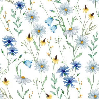 Parmak izi ve arkaplan için suluboya kır çiçeklerinin kusursuz deseni