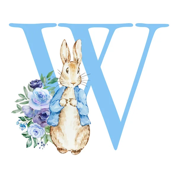 Літера Синій Аквареллю Милий Кролик Квітами Дизайну Дитячого Душу — стокове фото