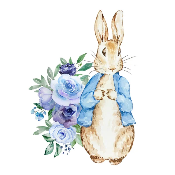 Watercolor Cute Rabbit Flowers Design Baby Shower — Stock Photo, Image