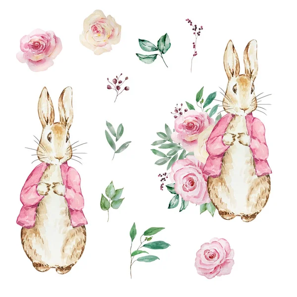 Watercolor Cute Rabbit Flowers Design Baby Shower — Stock Photo, Image
