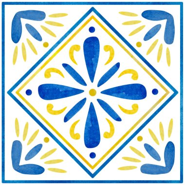 Watercolor traditional blue mediterranean tiles for design and print