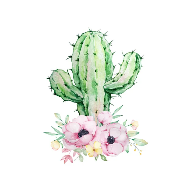 Illustrazione Acquerello Cactus Con Fiori Progettazione Stampa — Foto Stock