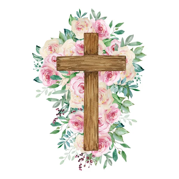 饰有玫瑰的水彩画十字架 复活节宗教标志 用于教堂节日的设计 — 图库照片