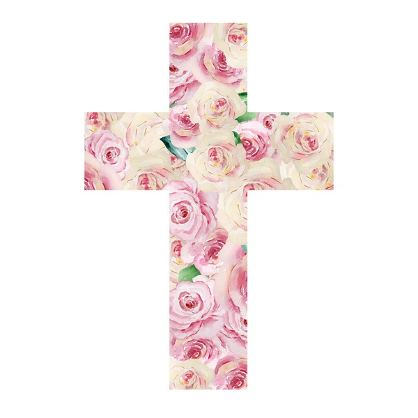 Cruz Acuarela Decorada Con Rosas Símbolo Religioso Pascua Para Diseño —  Fotos de Stock