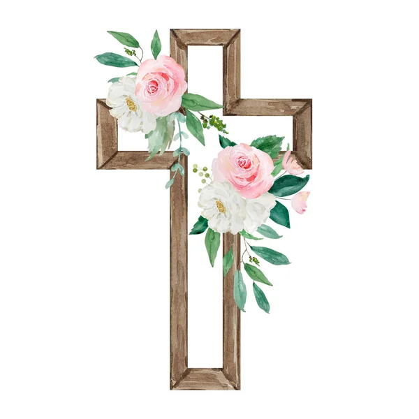 Акварельный Крест Украшен Цветами Пасхальный Религиозный Символ Оформления Церковных Праздников — стоковое фото