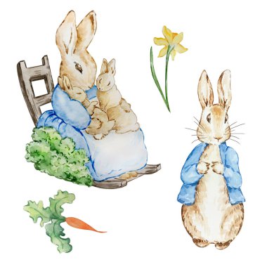 Watercolor cute rabbits in a blue jacket for kids design