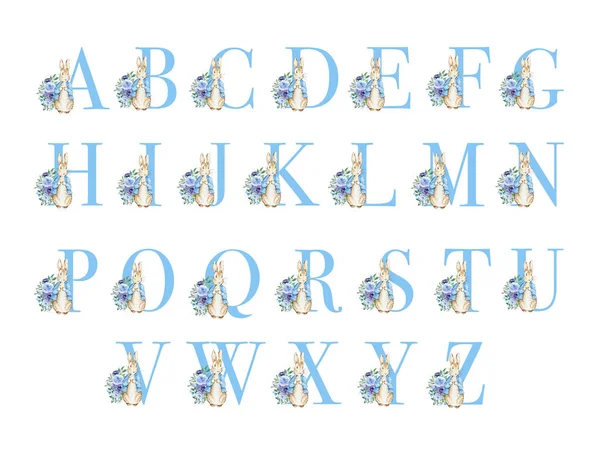 Алфавіт Синій Аквареллю Милий Кролик Квітами Дизайну Дитячого Душу — стокове фото