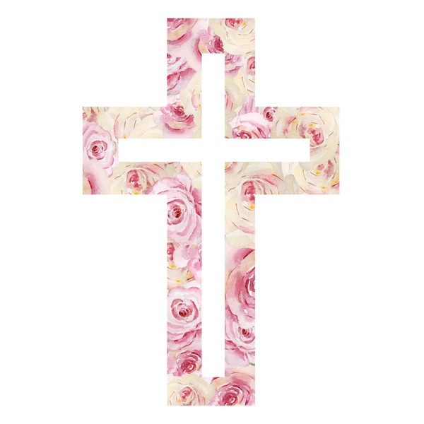 stock image Watercolor cross decorated with roses, Easter religious symbol for the design of church holidays
