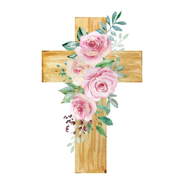 Akvarel Kříž Zdobený Růžemi Velikonoční Náboženský Symbol Pro Design Církevních — Stock fotografie