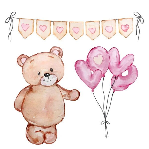Watercolor Cute Teddy Bears Valentine Day Holiday Design — Foto Stock