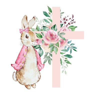 Tasarım ve baskılar için çiçek haçlı suluboya Tavşan Peter