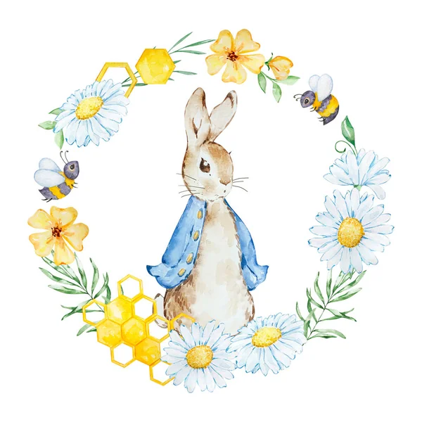 Watercolor Spring Peter Rabbit with flower frame for kids designs
