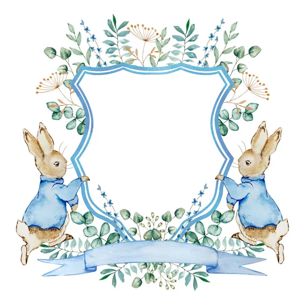 stock image Watercolor Spring Peter Rabbit with Floral Crest for Designs and Prints