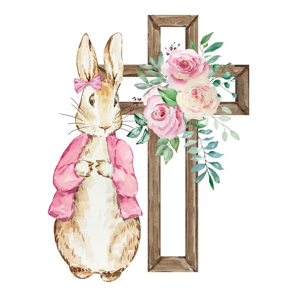 Watercolor Spring Peter Rabbit with flower cross for designs and prints