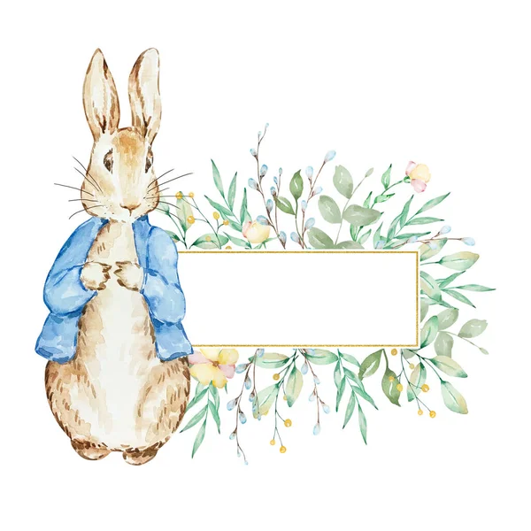 Watercolor Spring Peter Rabbit with flower frame for designs and prints