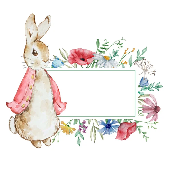 Watercolor Spring Peter Rabbit with flower frame for designs and prints