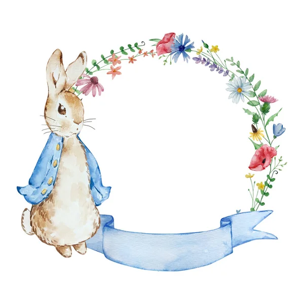 Акварель Весна Питер Кролик Цветочной Рамкой Детей Конструкции — стоковое фото