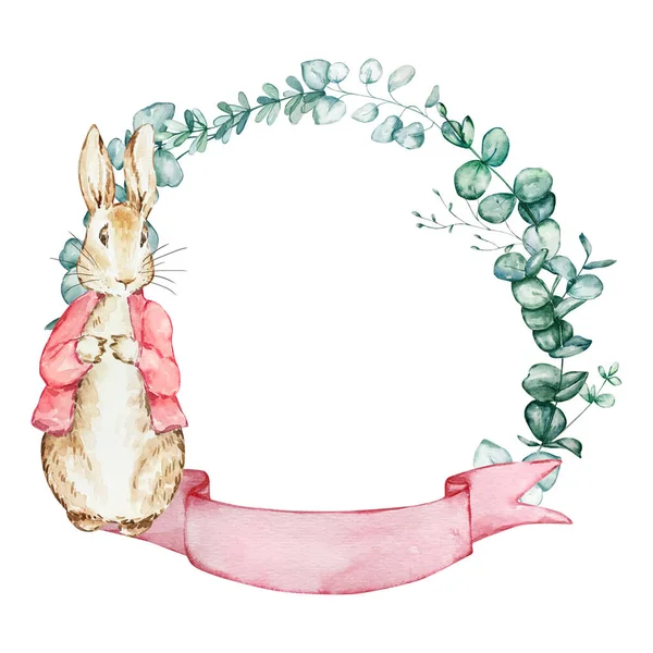 Акварель Весна Питер Кролик Цветочной Рамкой Детей Конструкции — стоковое фото