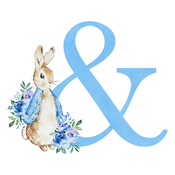 Ampresand Blue Аквареллю Милий Кролик Квітами Дизайну Дитячого Душу — стокове фото