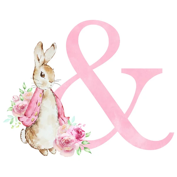 Ampersand Rosa Con Acuarela Lindo Conejo Con Flores Para Diseño — Foto de Stock