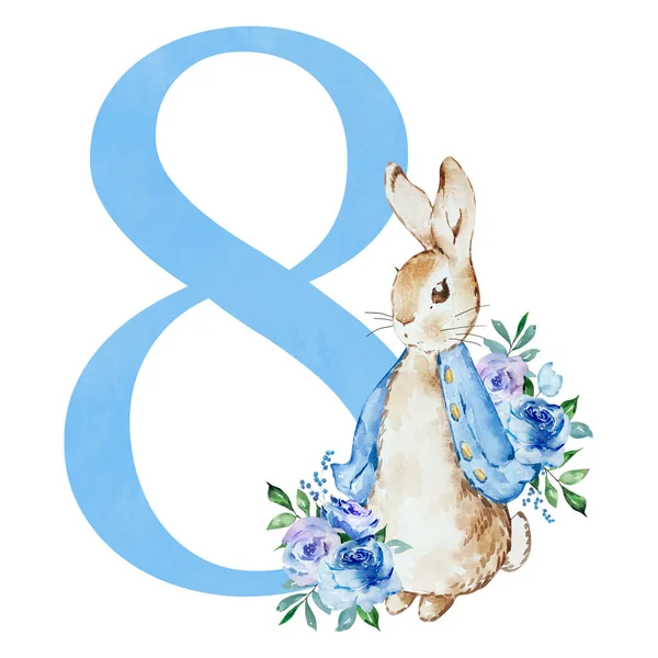 Numer Niebieski Akwarelą Ładny Królik Kwiatami Projektowania Baby Shower — Zdjęcie stockowe