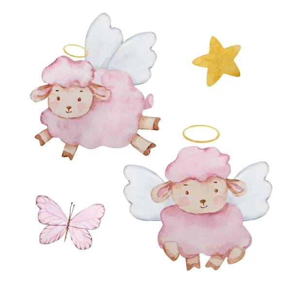 Aquarell Kleine Süße Baby Angel Schafe Für Einladungen Und Karten — Stockfoto